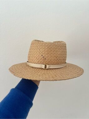 Janessa Leone Natural Straw Fedora with Cream Leathet Band